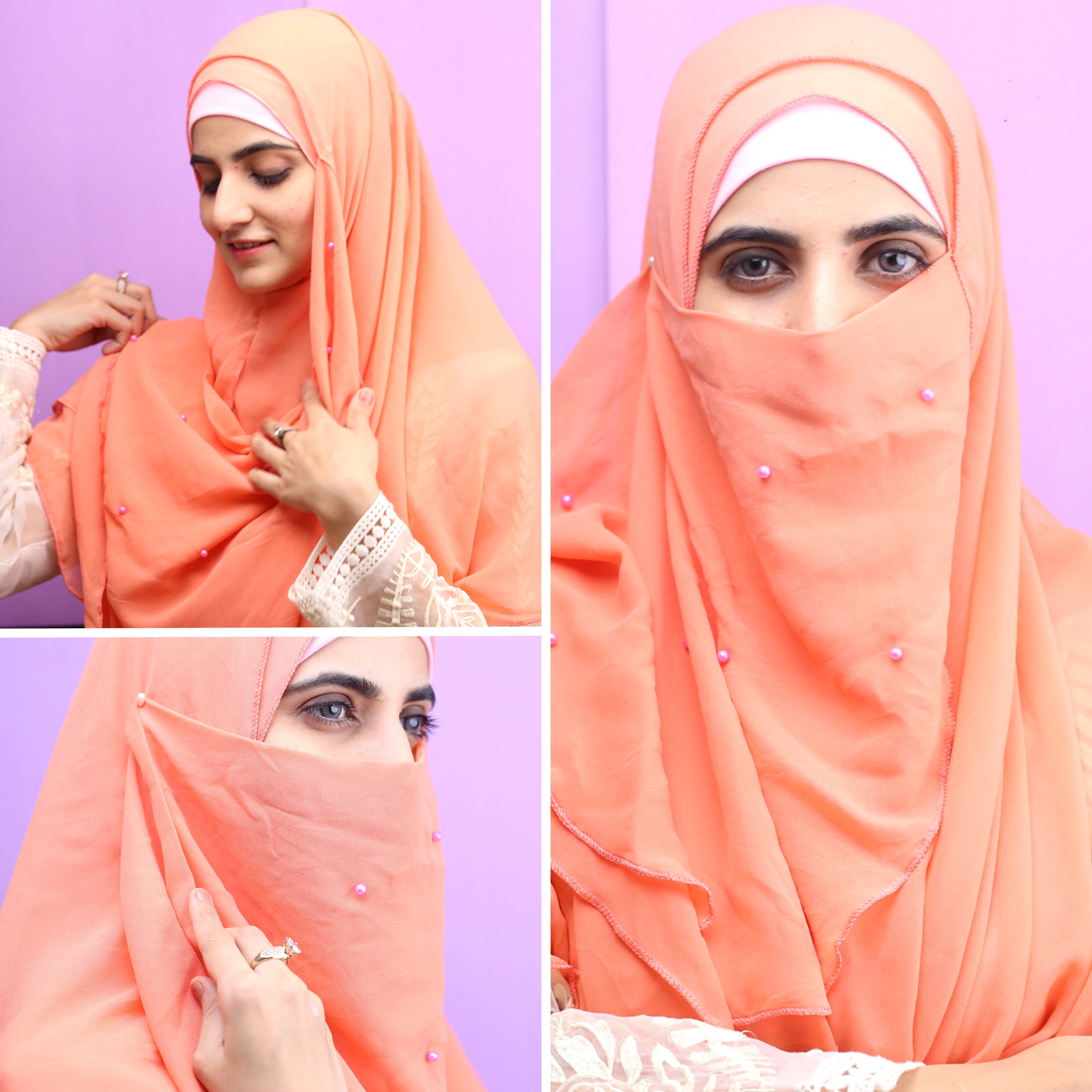 Double Loop Hijab With Attached Niqab Beeded With Pearls